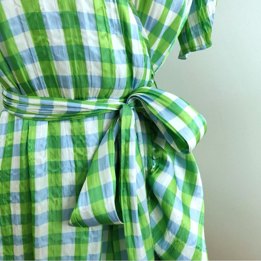 TANYA TAYLOR Natasha Gingham Faux Wrap Green Blue Puff Sleeve Ruffle Dress - Picture 3 of 12